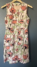 Tory Burch Dress Sz 00 Sleeveless Buttons Pockets Pink Poppies Silk Linen $498