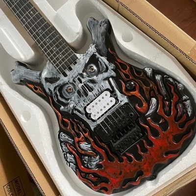 Heavy Metal Fire Skull Bone Electric Guitar Solid Body Rounded fret Edge Stock