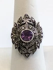 VTG Art Deco Style Sterling Silver Amethyst & Marcasite Sz 8 Statement Ring 7.6g
