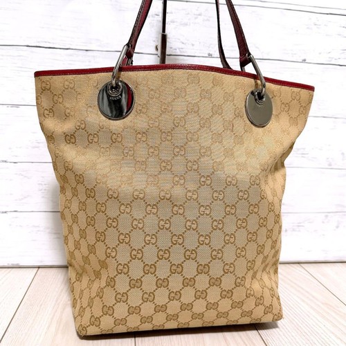 GUCCI GG Tote Hand Bag Leather Canvas Beige Red Silver Hardware Logo From Japan