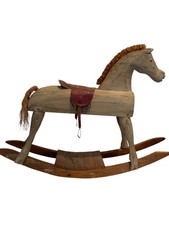 Vintage Hand Carved Wooden Rocking Horse onWheels Folk Art Hair Tail 12