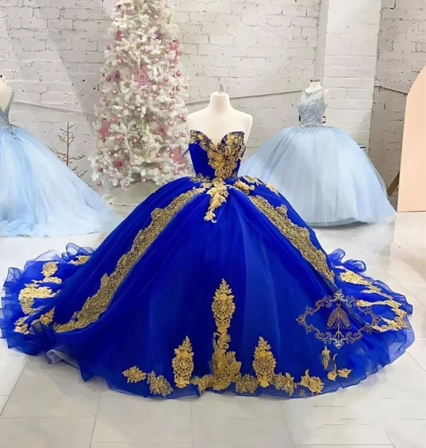Royal Blue Gold Lace Vestidos De Novia Quinceanera Dresses