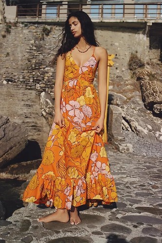 Anthropologie Tracy Reece Plenty Floral Maxi Dress XS V-Neck orange retro print - Picture 5 of 8