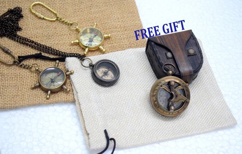 Brass Wheel Compass Key chains & Chain Compass with FREE GIFT Sundial Compass