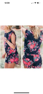 Albion Fit Antigua Navy Pink Floral Romper Womens Sz Large NWOT