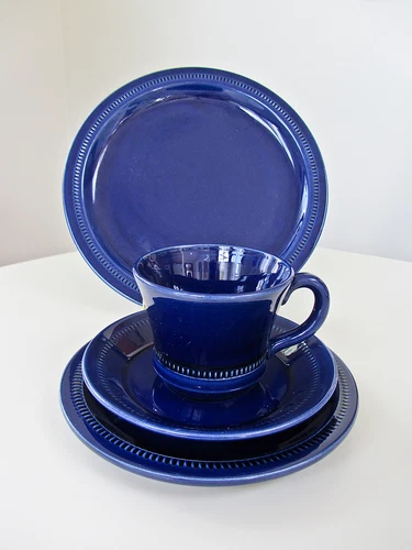 Vintage Hoganas Keramik Sweden Hand Made Cobalt Blue Pottery Cup, Saucer, Plates