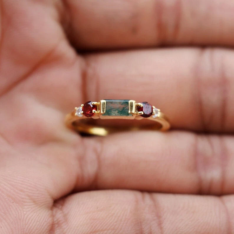 Anillo de ágata granate y musgo de plata de ley 925 anillo solitario de oro Vermeil Foto 4 de 4