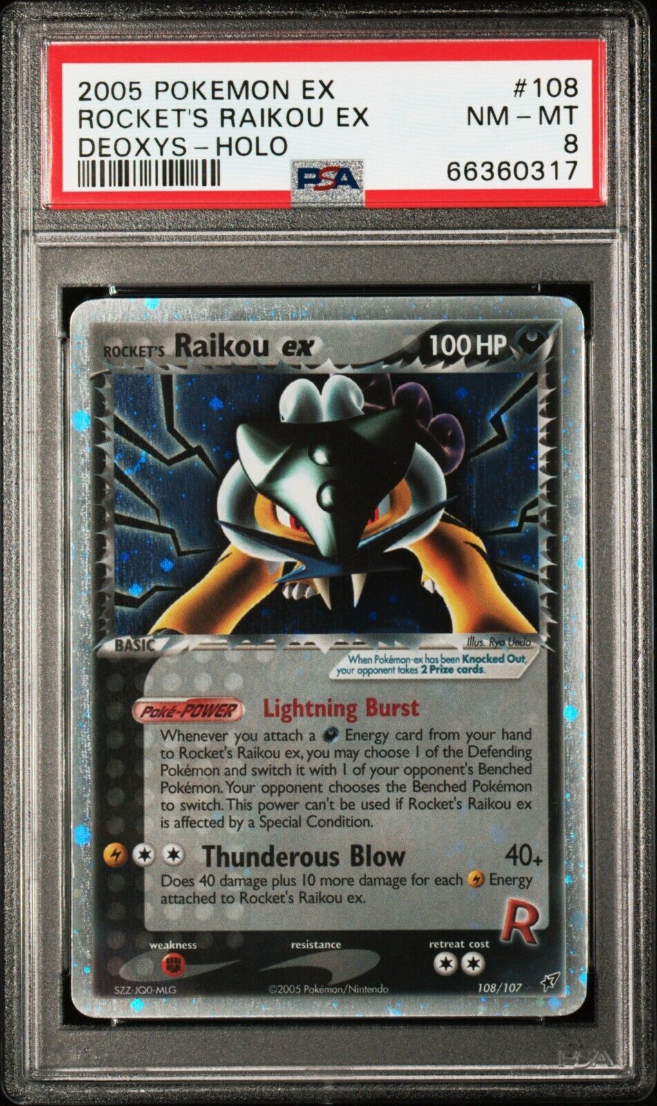 2005 Pokemon EX Deoxys Rockets Raikou ex 108/107 PSA 8 NM/Mint box topper secret