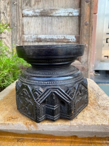 South India Antique Hanuman Nandi Figure Wooden Carved Candle Stand/Seed Planter - Picture 7 of 19