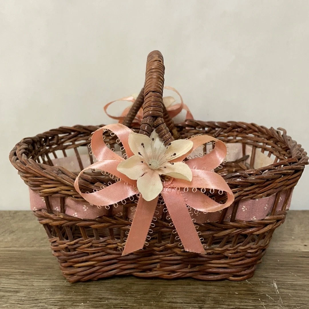 Vintage Small Rectangle Wood Woven Basket w Handle Ribbon Brown Flowergirl