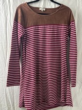 Umgee Red White Striped Mini Shirt Dress Brown Elbow Pads Size Small Pockets