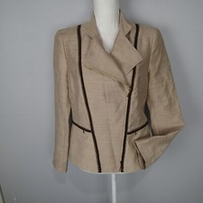 Jones New York Blazer Jacket beige gold Brown trim Size 8