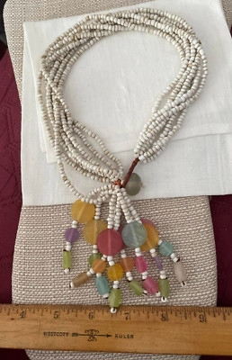 Necklace Artisan Made White Pastel Multi Color Tassel Pendant Drop 18''