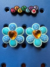 Pair of Flower with Heart Gem Jibbitz Shoe Charms. Authentic Crocs Jibbitz. NEW 