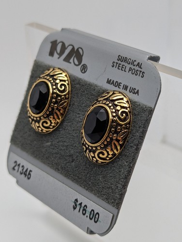 1928 Brand Earrings Black Gold Tone Surgical Steel Posts New - Picture 3 of 4