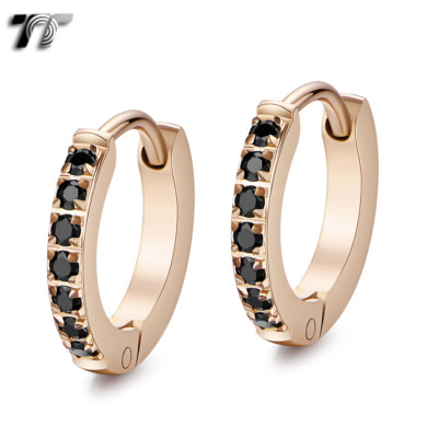 Slim TT 2mm S.Steel Inlaid Sparkling Black CZ Hoop Earring 13mm Outer EH148J(2x9