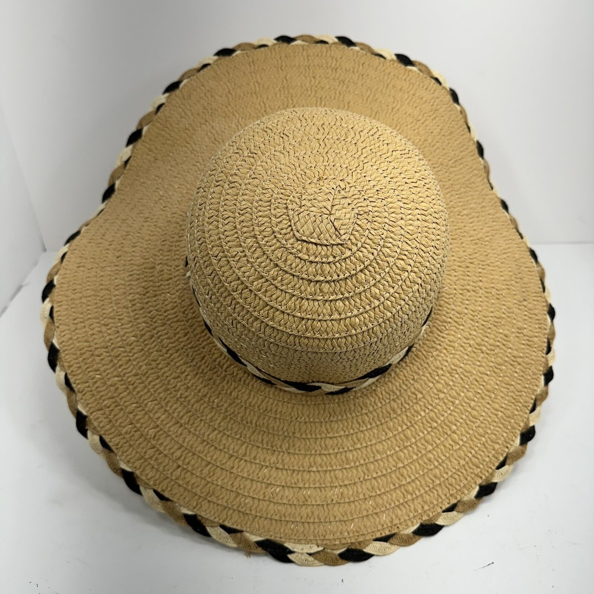 TAHARI Wide Brim Roll Up Sun Hat Packable Paper Blend OS Multi White Trim, EUC Tahari Two Tone Tan Braided Trim Paper Floppy Wide Brim  main image 4