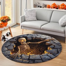 2D Flat Halloween Skeleton Round Rug Spooky Carpet Haunted House Party Decoratio