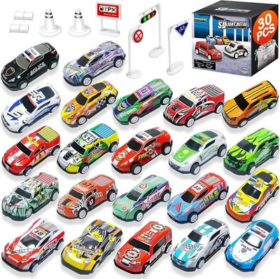 Pullback Diecast Cars 30Pcs Die Cast Metal Toy Cars with Roadblock