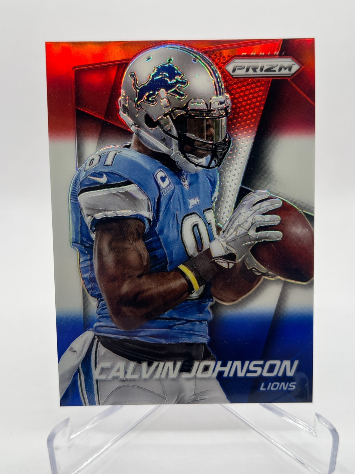 2014 PANINI PRIZM CALVIN JOHNSON RED WHITE & BLUE NO. 65 LIONS