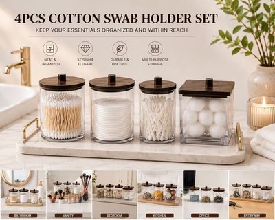 4Pcs Cotton Swab Holder Set Clear Plastic Qtip Organizer Jars with Wood Grain Li