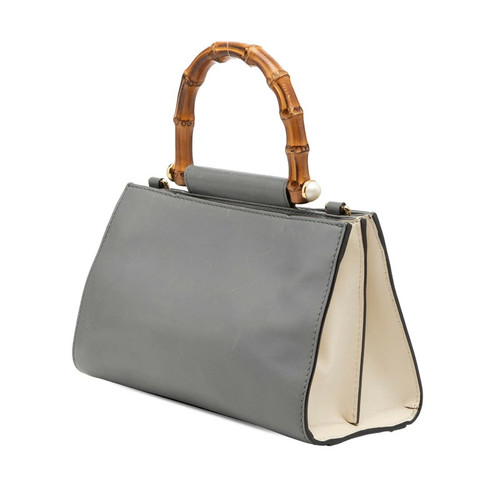 GUCCI Bamboo Pearl 2Way Shoulder Bag Gray Leather Handbag 470271 w/Strap Magnet