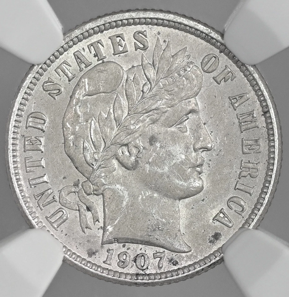 1907-S 10C BARBER СЕРЕБРЯНЫЙ ДЕСЯТИЦЕНТОВИК САН-ФРАНЦИСКО NGC UNC ДЕТАЛИ «ПОВРЕЖДЕНИЕ» 8404753-020 - Изображение 2 из 4