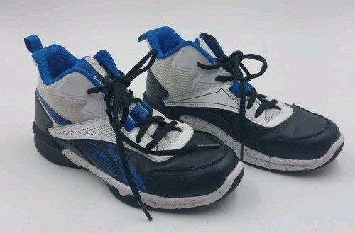 Reebok Youth Little Boys Size 2.5 High Top Shoes Black Blue And White Very Good - Picture 2 of 11