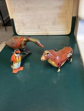 3 Vintage Marx Wind Up Tin Toys Golden Goose Ferdinand Bull Waddling Penguins
