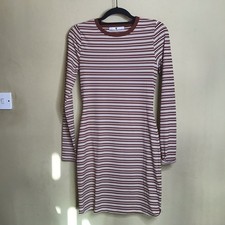 V By Very Uk 12 Brown Striped Stretchy Dress Smart Casual Autumnal Long Sleeve