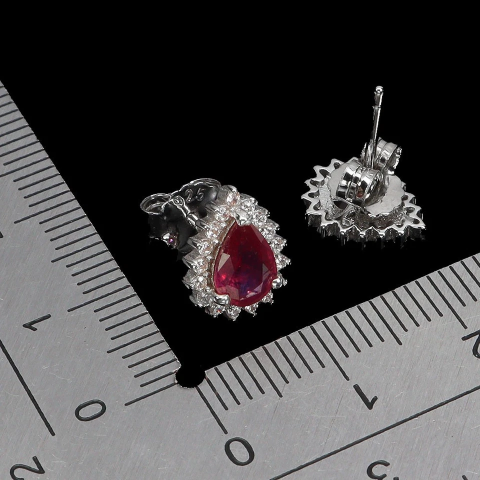 Black Friday 925 Sterling Silver Earrings Pear Ruby 7x5mm Natural Jewelry - Image 3 of 4