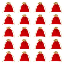 20pcs Flocked Drawstring Bag 3.9 x 4.7" Jewelry Pouches Gift Bags, Gold Red