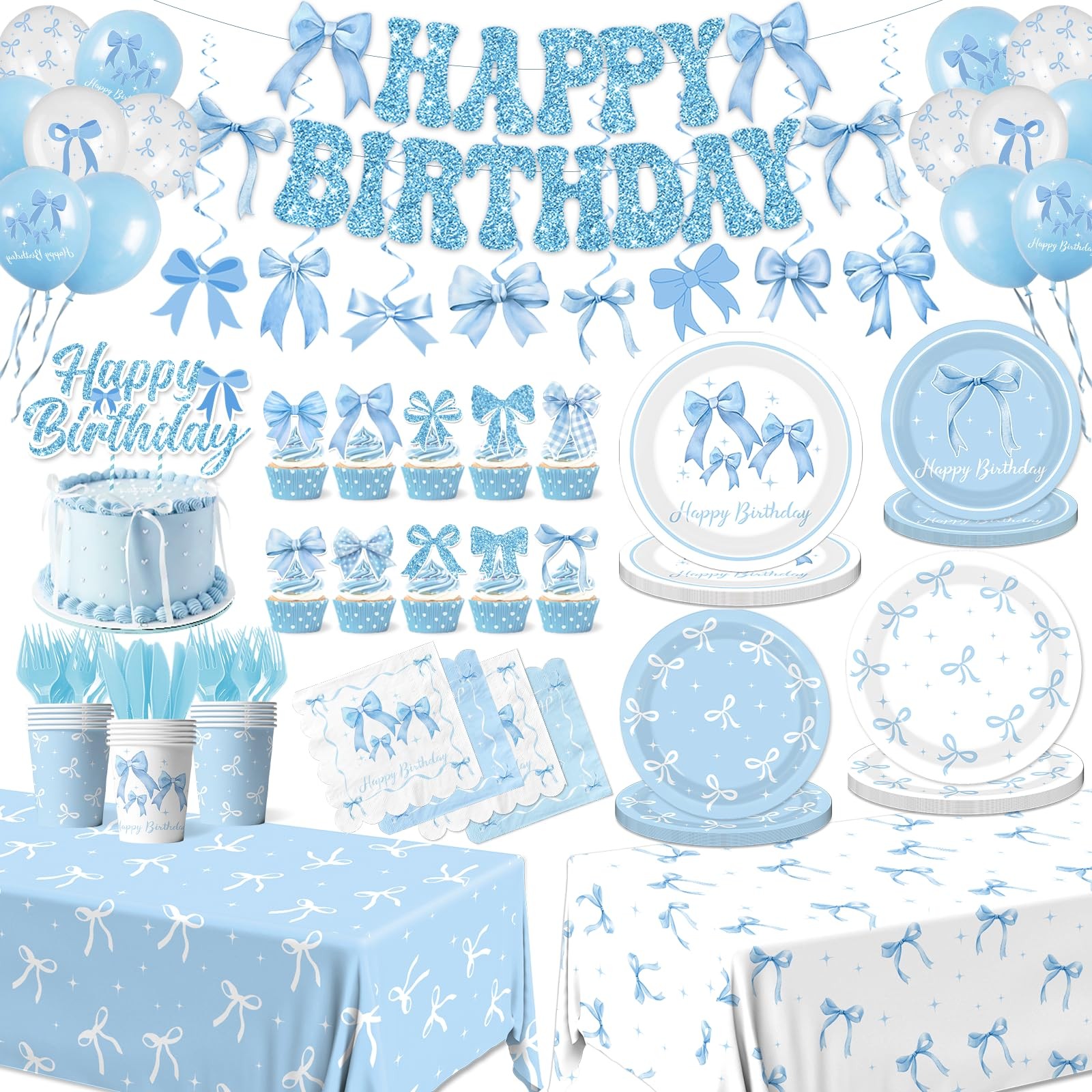 Blue Bow Birthday Party Supplies Serve 24,Coquette Birthday Decorations Blue ...