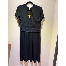 Grecerelle Black Wrap V-Neck Ruffle Sleeve Empire Waist Midi Dress 2XL NWT