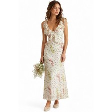 Cottagecore Y2K Floral Maxi Dress Ruffles Cream Festival Chiffon Steve Madden M
