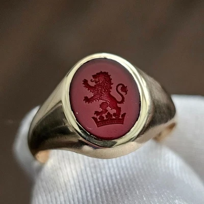 Feiner 9 kt Gold & Karneol Siegelring Löwe & Krone Siegel Intaglio UK N 2,5 g - Bild 1 von 4