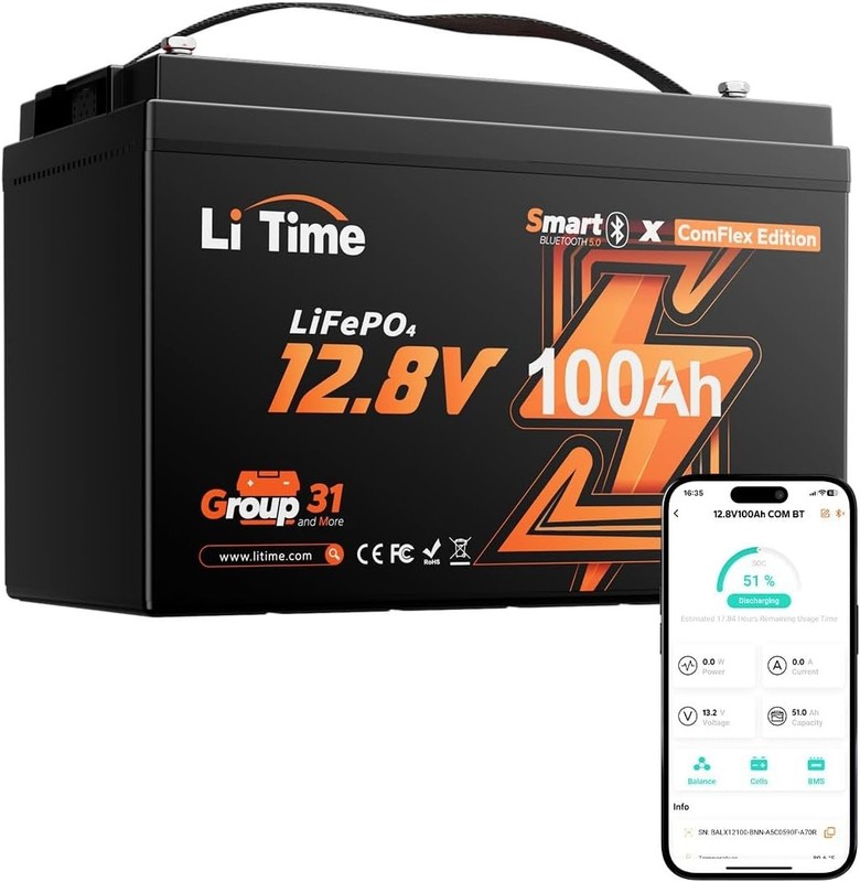 Litime 12V 100Ah ComFlex, LiFePO4 Battery, Group 31, CAN Comm, Bluetooth