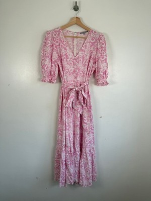 Oliver Bonas Kleid UK 14 Rosa Blumen Leinenmischung Puffärmel Maxi Stufen Gürtel