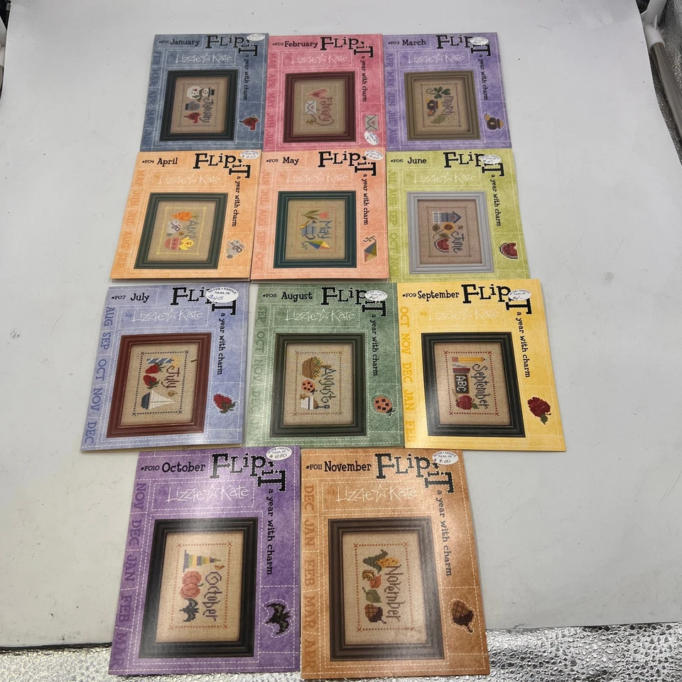 SET OF 11 NEW RARE LIZZIE KATE FLIP-ITS Cross Stitch CHARTS WITH CHARMS - Image 3 of 4