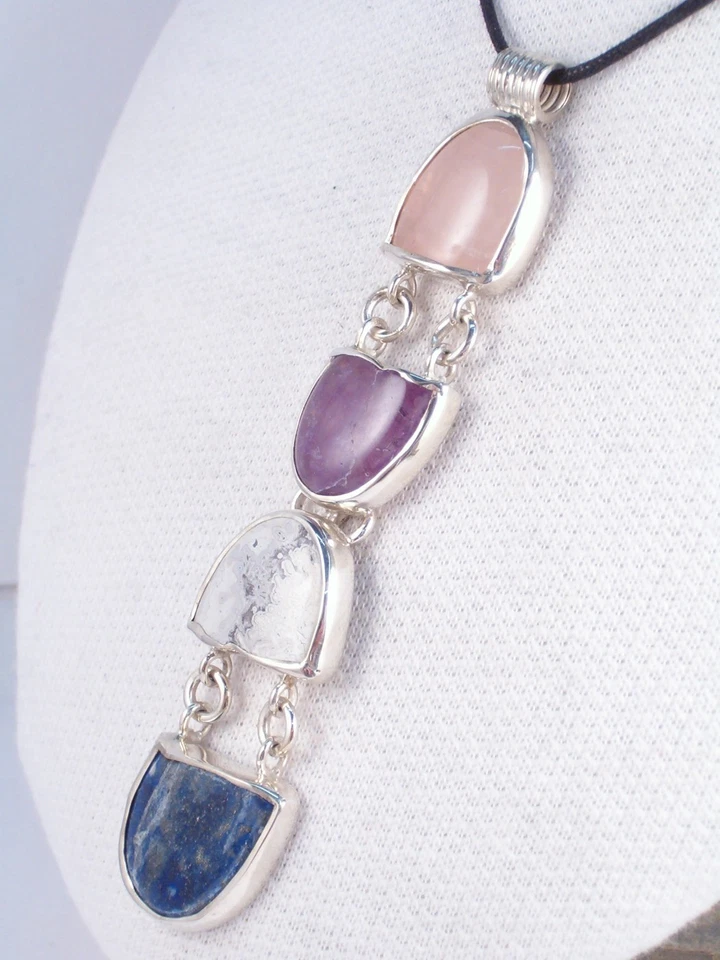 Ciondolo in ARGENTO 925 con PIETRE DURE naturali - Quarzo Rosa Sodalite Ametista - Immagine 4 di 4