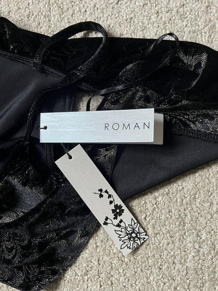 Ladies Roman Black Velvet Cold Shoulder Handkerchief Dress Gold Glitter