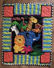 JUNGLE SAFARI ZOO ANIMALS ZEBRA GIRAFFE MONKEY LION ELEPHANT QUILTED BLANKET