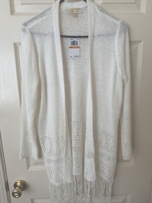 Michael Kors White Crochet Fringe Open Front Cardigan Sweater