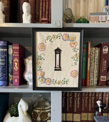 VTG Hand Stitched Floral Embroidery Thermometer Wall Hanging Cottagecore 9x11