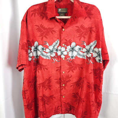 Island Tropics Red Floral Hawaiian Short Sleeve Button-Down Shirt Men's L