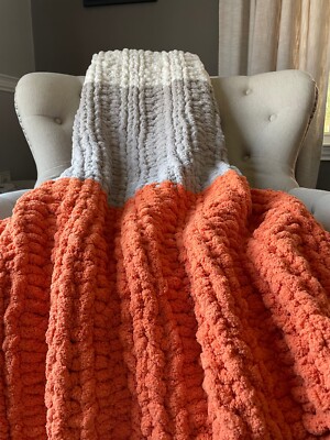 Chunky Knit Blanket - Orange, Light Gray and Ivory
