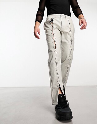 ASOS DESIGN pants in leather look with front lace up detail in gray Sz 36”w  32”L