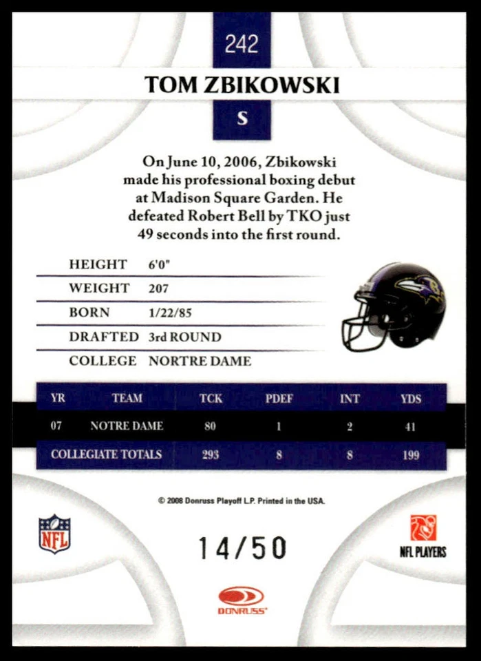 2008 Donruss Threads #242 Tom Zbikowski Gold Holofoil #/50 - Image 2 of 2