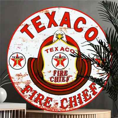 TEXACO FIRE CHIEF Aluminum Round Weatherproof Sign RETRO STYLE GARAGE MAN CAVE