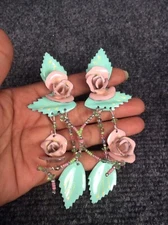 Statement Vtg 1987 Lunch At The Ritz  enamel pink rose  Gold Tone Earrings 5"